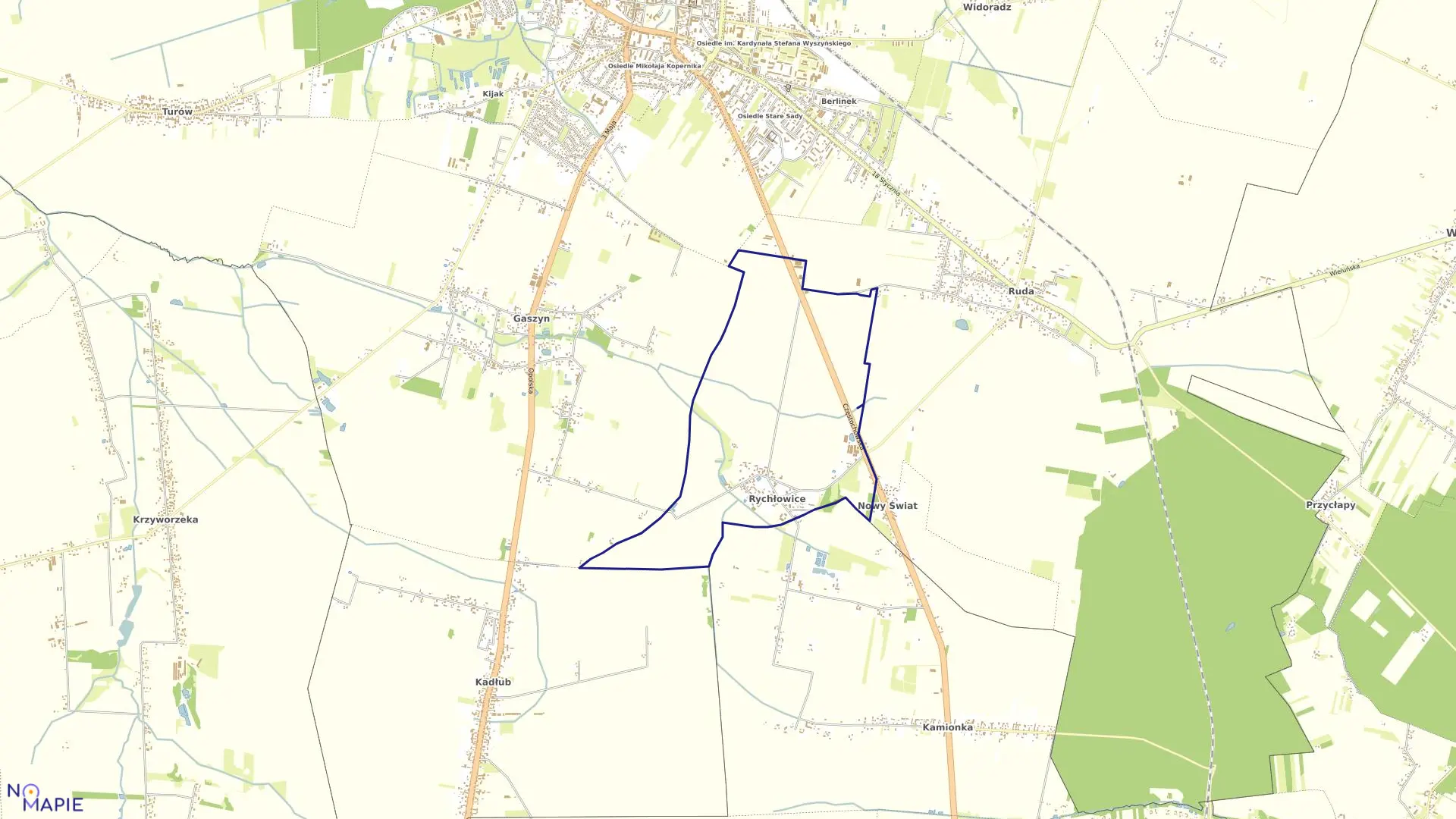 Mapa obrębu RYCHŁOWICE w gminie Wieluń