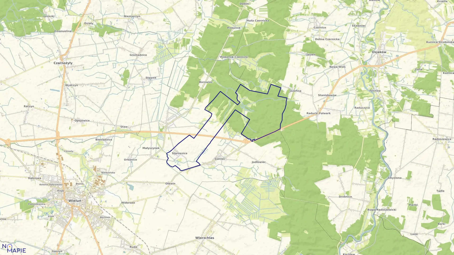 Mapa obrębu STARZENICE w gminie Wieluń