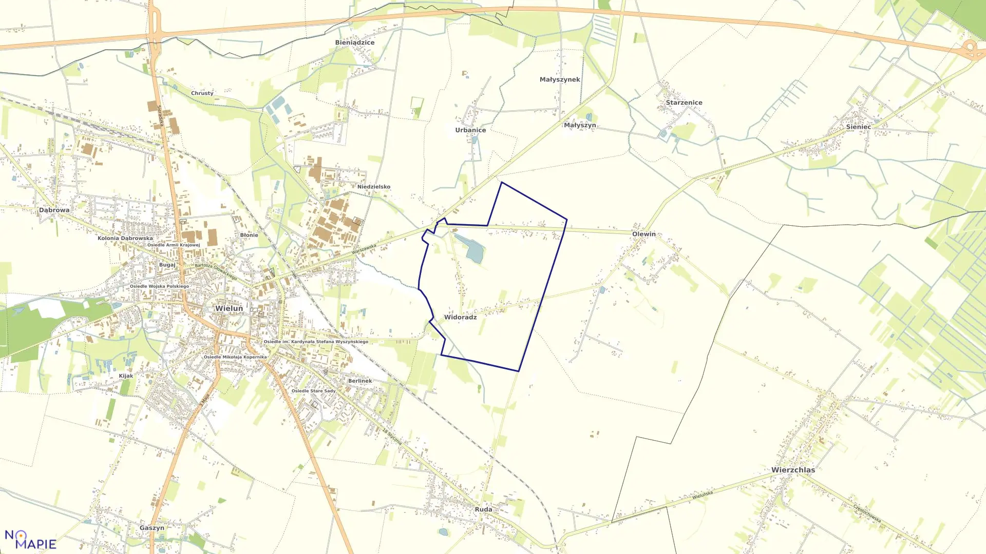 Mapa obrębu WIDORADZ DOLNY I GÓRNY w gminie Wieluń